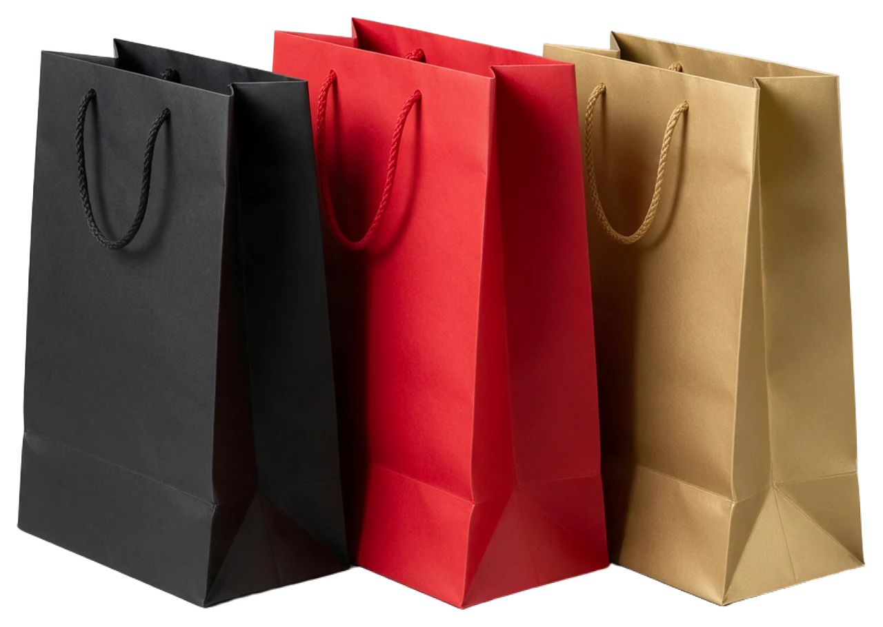 Standing unprinted paper shopping bags in black, red, and gold with rope handles