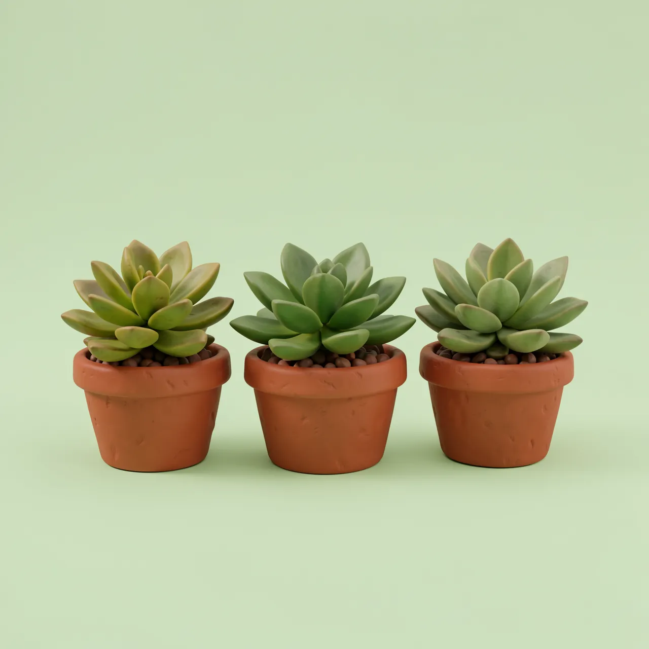 Three clay-style succulents in small terracotta pots arranged in a row on a pale green background