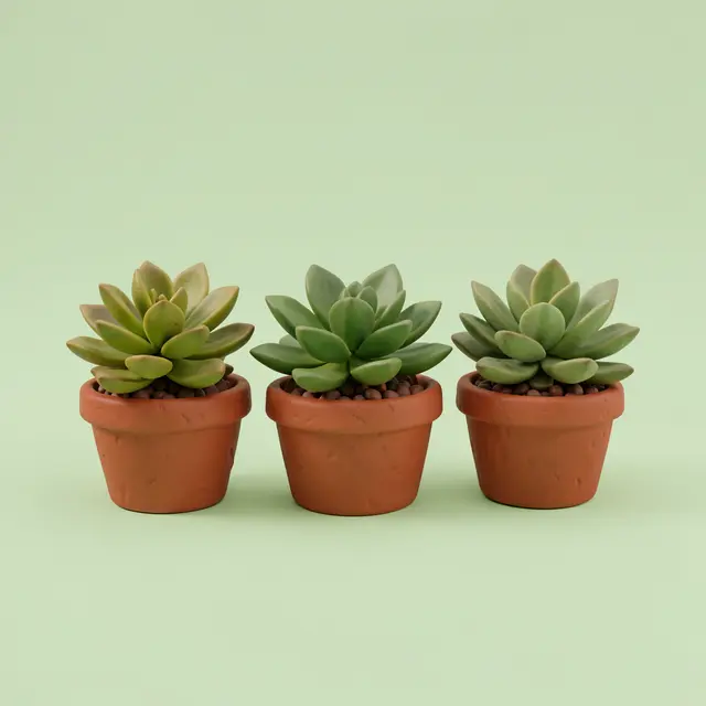 Three clay-style succulents in small terracotta pots arranged in a row on a pale green background
