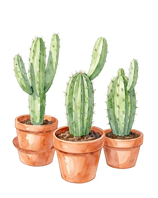 Watercolor illustration of three potted cacti in terracotta pots against a plain white background