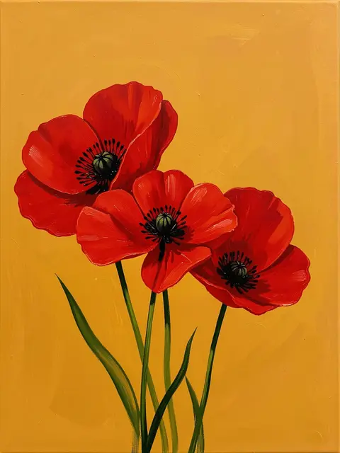 An acrylic painting of three red poppies with dark centers against a warm ochre background