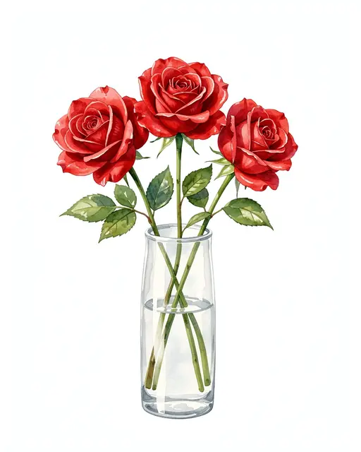 Watercolor illustration of three red roses in a slim clear glass vase against a plain white background