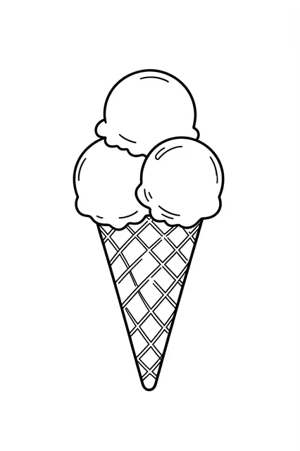 Simple black line drawing of an ice cream cone with three scoops on a plain white background