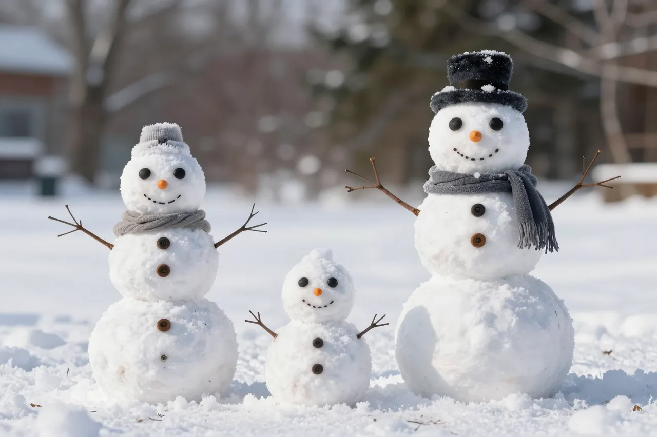Three different sized decorated snowmen stand side by side on a sunlit snowy residential yard