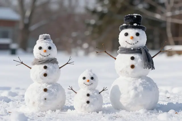 Three different sized decorated snowmen stand side by side on a sunlit snowy residential yard