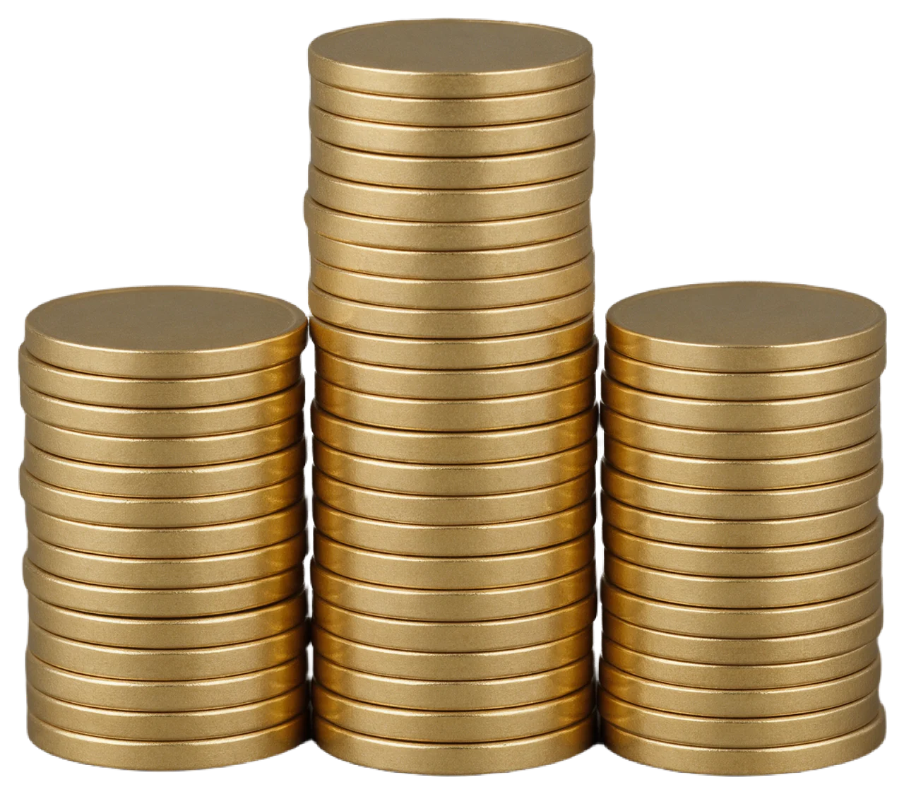 Three neatly arranged stacks of unmarked gold coins of varying heights