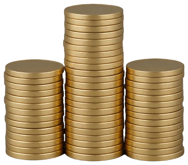 Three neatly arranged stacks of unmarked gold coins of varying heights