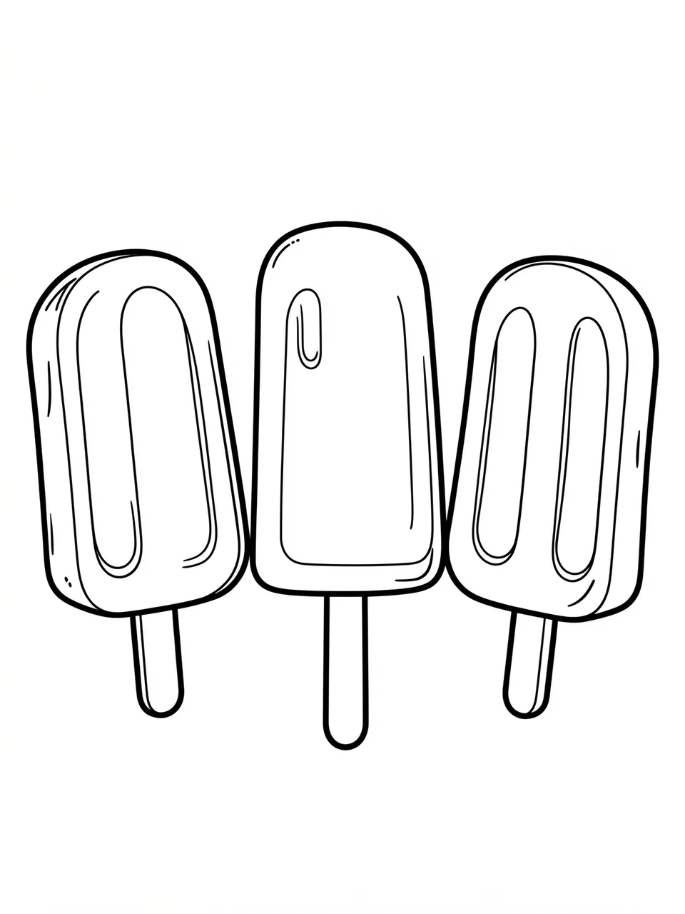 Black and white line art of three simple popsicles arranged against a plain white background