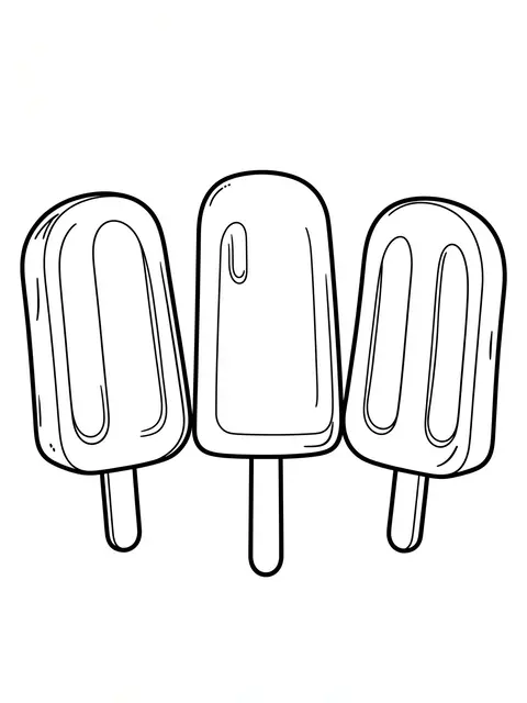 Black and white line art of three simple popsicles arranged against a plain white background
