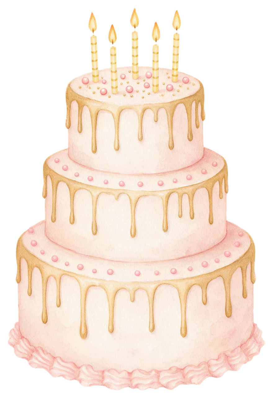 Soft watercolour three-tier pink birthday cake with gold drips and lit candles on top