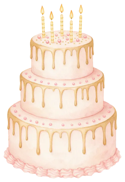 Soft watercolour three-tier pink birthday cake with gold drips and lit candles on top