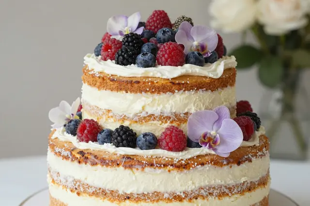 A two-and-a-half tier naked cake decorated with fresh berries and soft purple orchid flowers