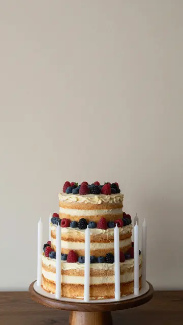 Three tier naked cake topped with fresh berries and white candles sits on a wooden stand against a plain beige wall