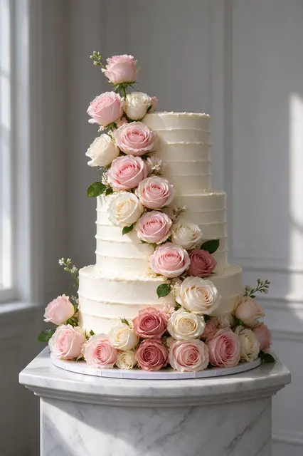 Three tier buttercream wedding cake with cascading pink and cream roses on a marble pedestal in soft window light
