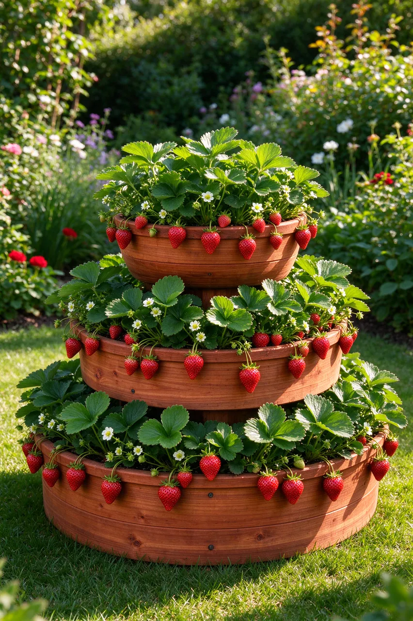 A round three-tier cedar strawberry planter heavy with ripe berries sits in a sunny backyard garden