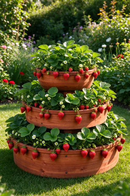 A round three-tier cedar strawberry planter heavy with ripe berries sits in a sunny backyard garden