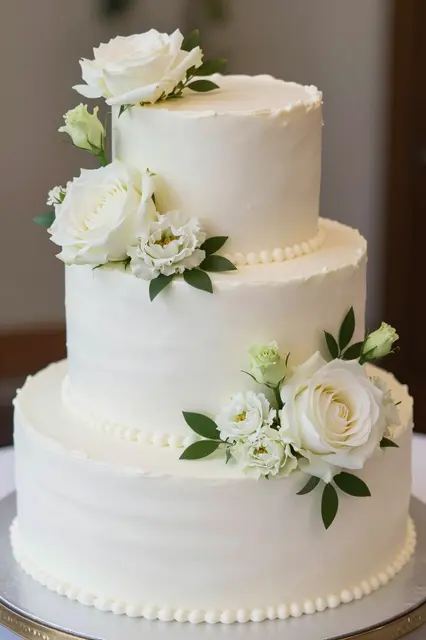Three tier white frosted wedding cake decorated with fresh white flowers and green leaves on a cake stand