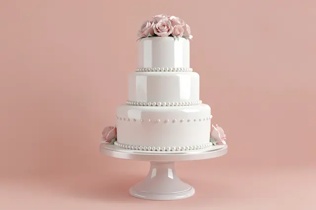 Glossy three tier white wedding cake with pink roses and pearl details on a stand against a blush wall