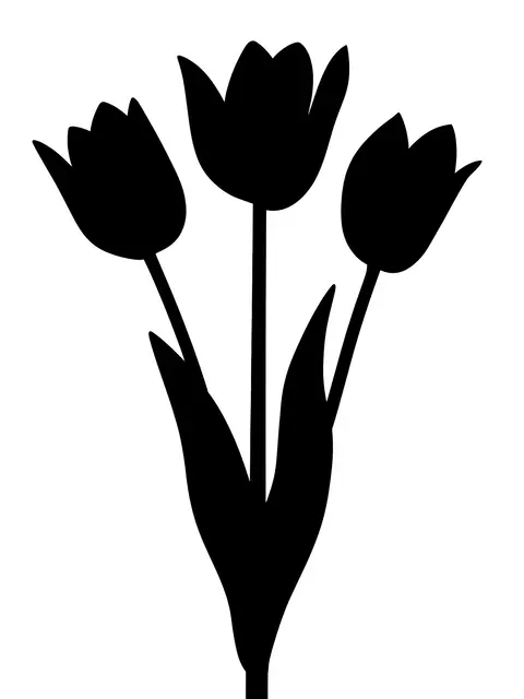 Solid black silhouette of three tulips on tall stems against a plain white background