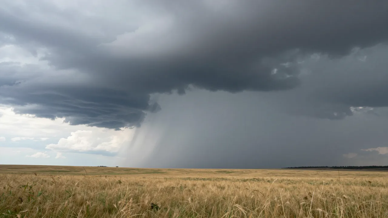 Dark storm clouds drop heavy rain over a wide golden prairie under a turbulent sky