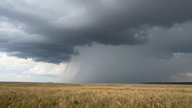 Dark storm clouds drop heavy rain over a wide golden prairie under a turbulent sky
