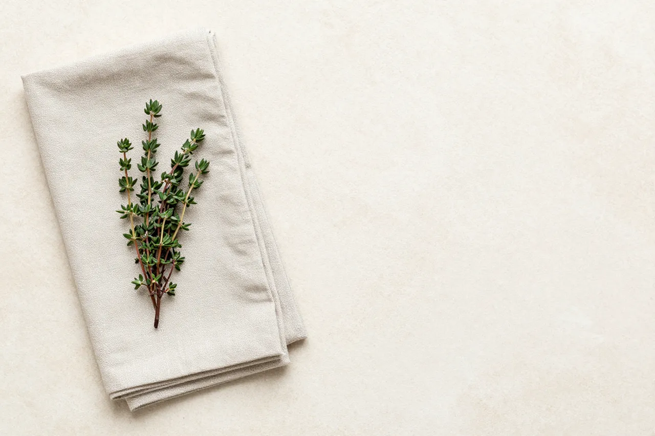 Fresh thyme sprigs rest on a folded linen napkin at the left of a pale stone countertop with empty copy space to the right