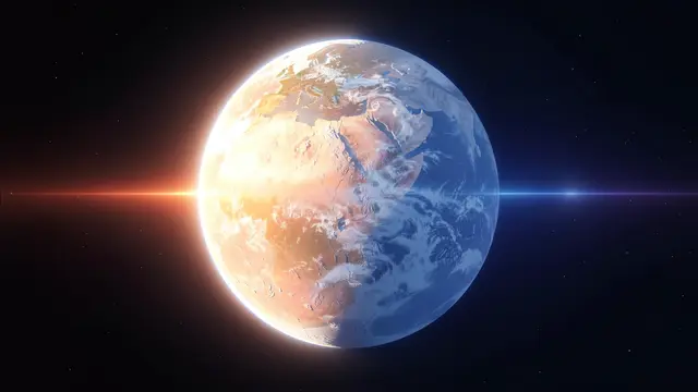 A rocky exoplanet floats in dark starry space, with a glowing twilight band separating its sunlit warm side and cold dark