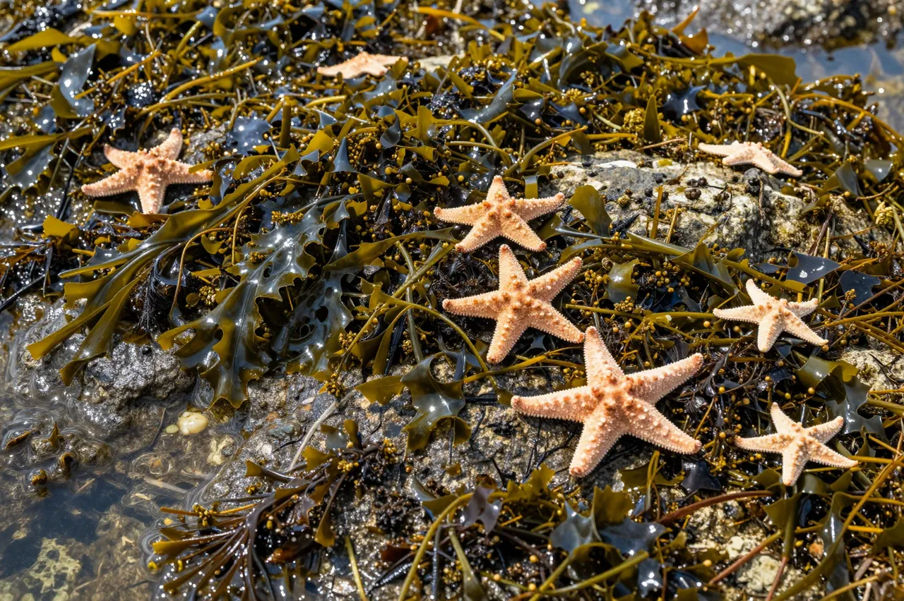 Pale spiny starfish rest among glossy seaweed on a wet rocky tide pool shore.