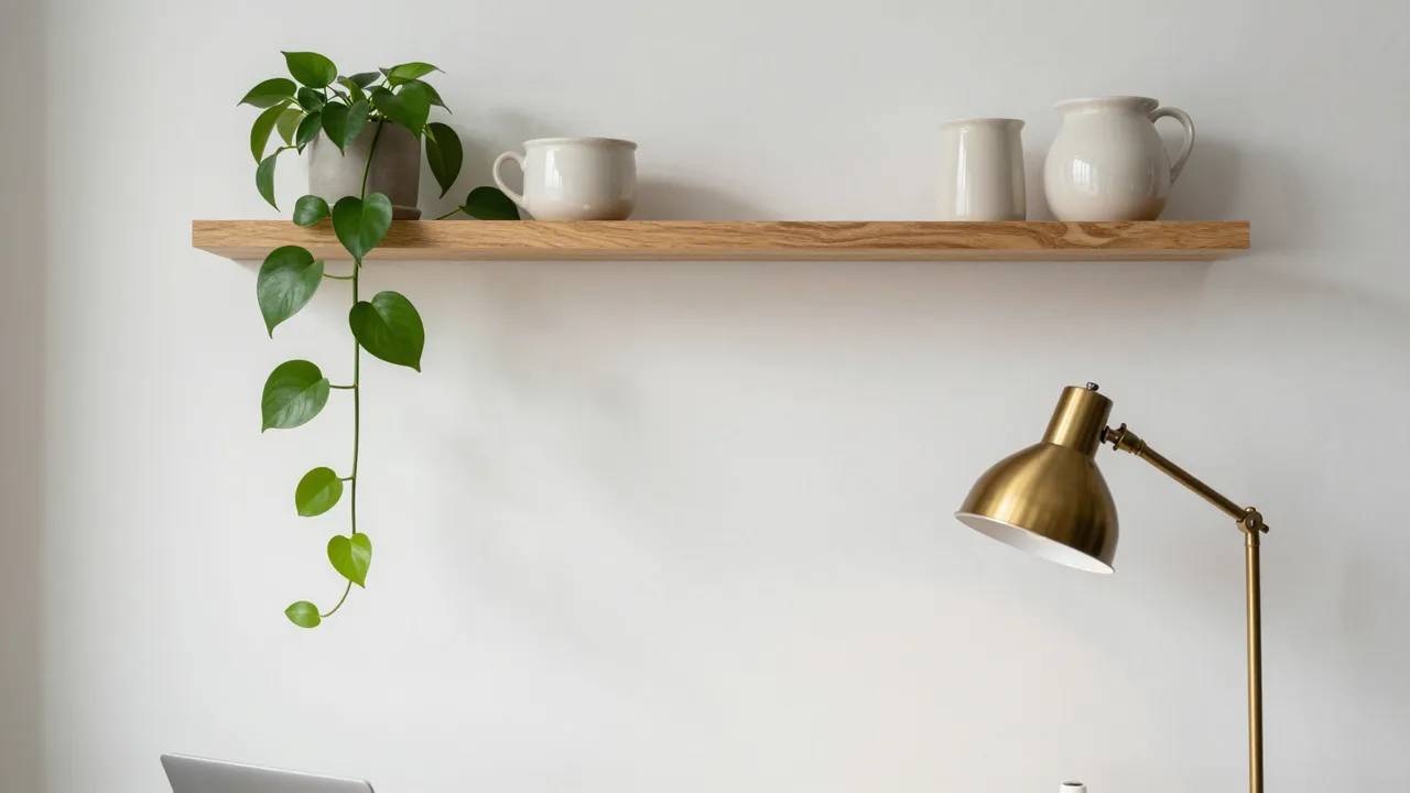 A wall-mounted oak shelf holds plain ceramics and a pothos next to a brass desk lamp on a neutral home office wall.