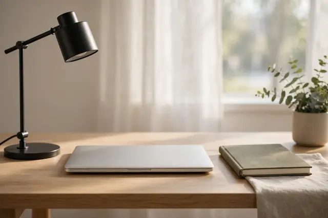 A neat light wood home office desk holds a closed laptop, desk lamp, notebook and plant in soft morning sunlight.