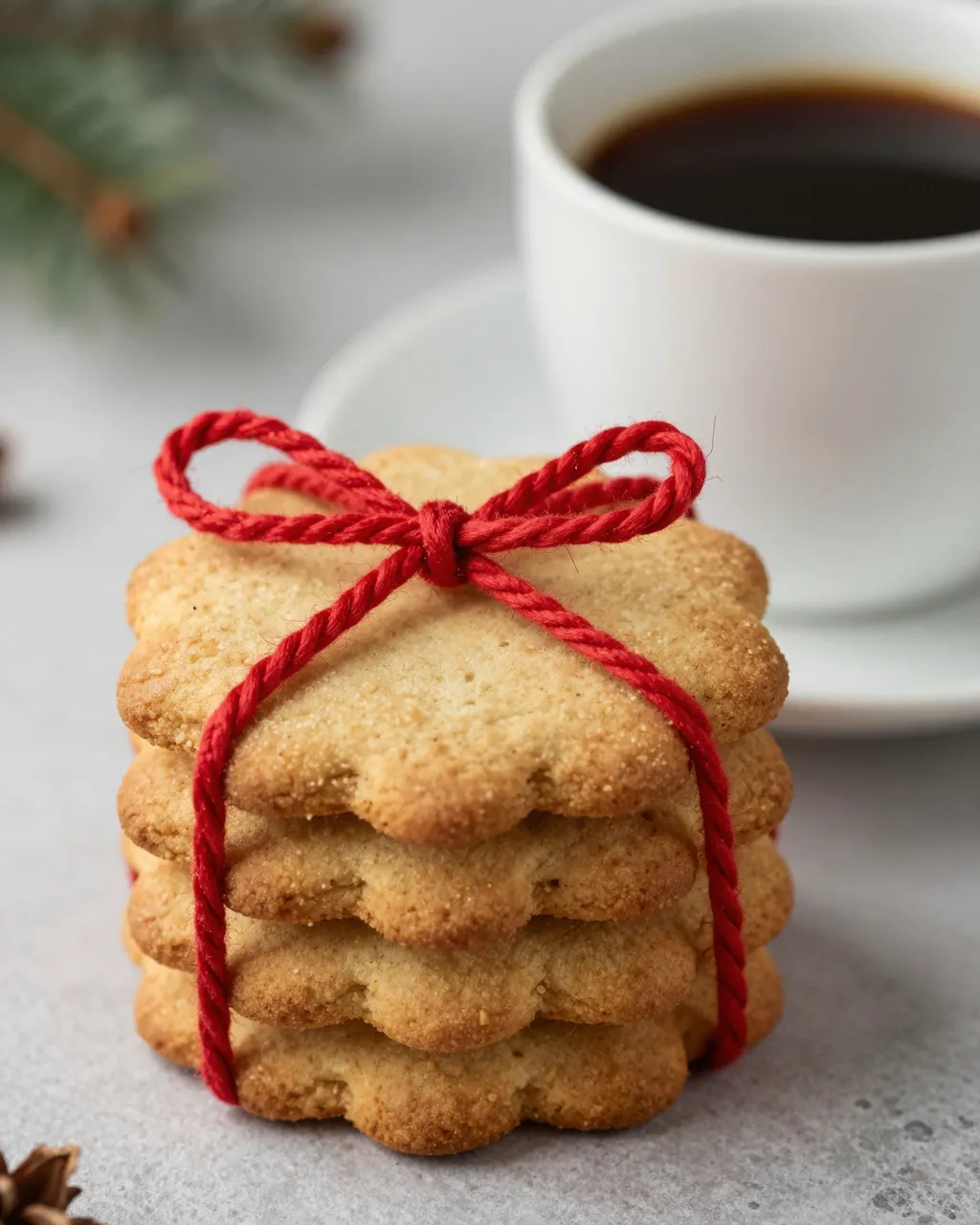 Stack of shortbread cookies tied with red twine sits next to a coffee cup on a holiday tabletop