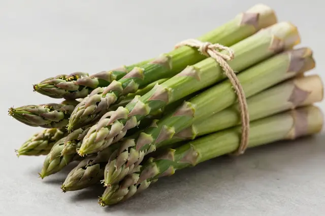 A bundle of fresh green asparagus spears tied with twine rests on a smooth light gray surface.