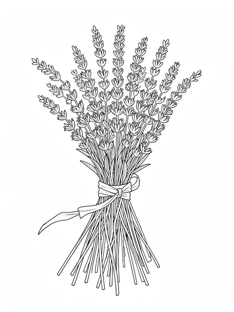 Fine single-weight line drawing of a tied lavender bundle on a plain white background