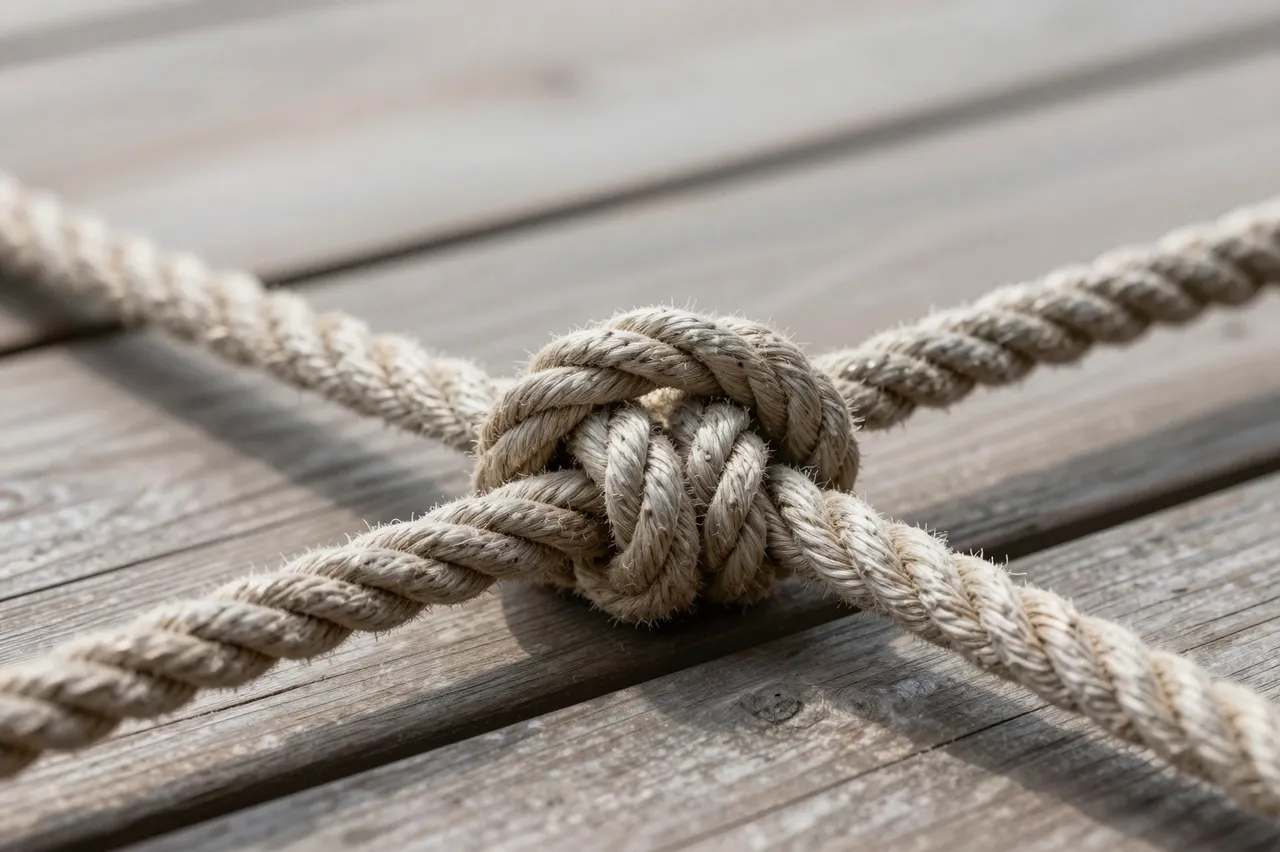 Close-up of a tight knot joining four thick natural ropes resting on weathered wooden deck planks