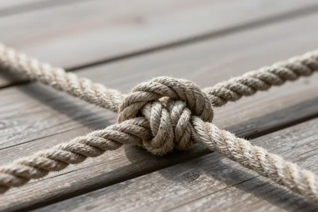 Close-up of a tight knot joining four thick natural ropes resting on weathered wooden deck planks