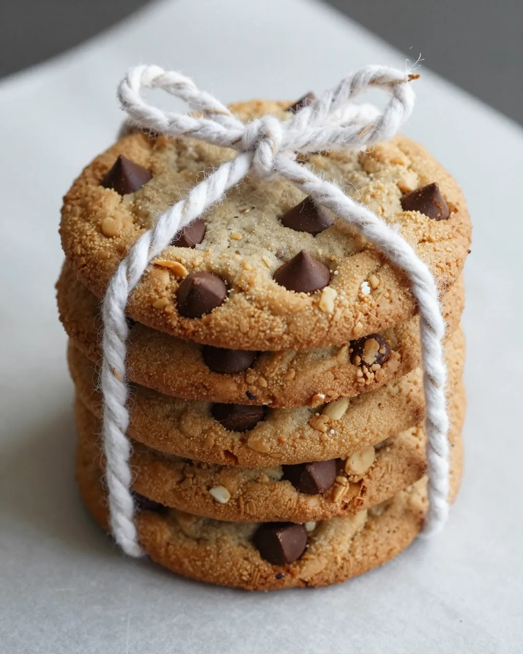Stack of oatmeal chocolate chip cookies tied with cotton twine resting on white parchment paper