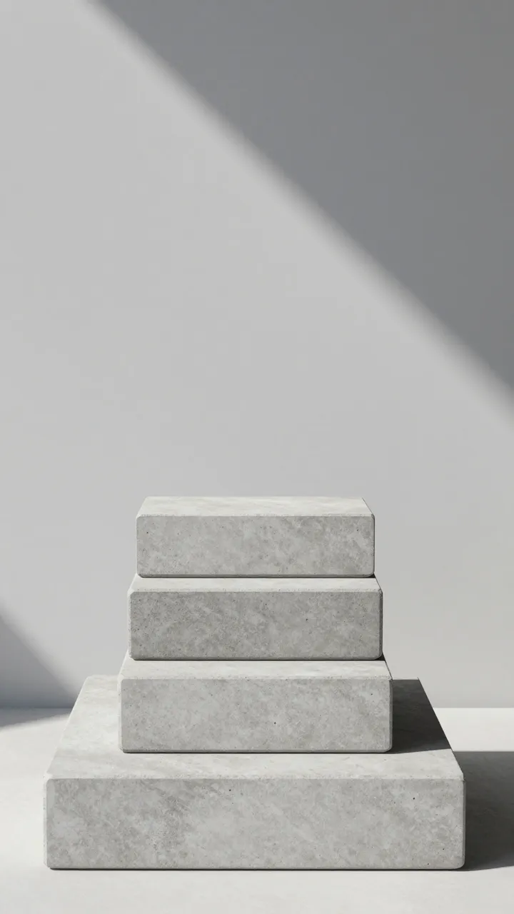 Stacked tiered concrete display blocks sit against a pale gray background with diagonal hard shadow and empty copy space