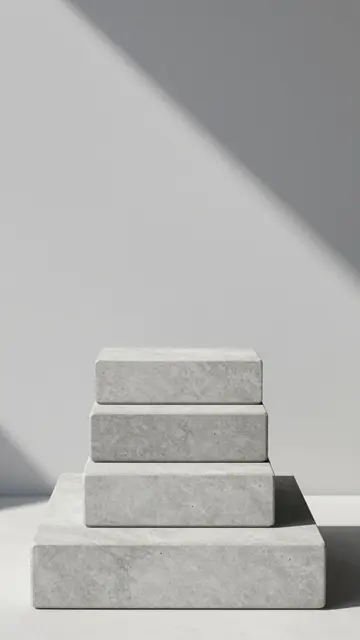 Stacked tiered concrete display blocks sit against a pale gray background with diagonal hard shadow and empty copy space