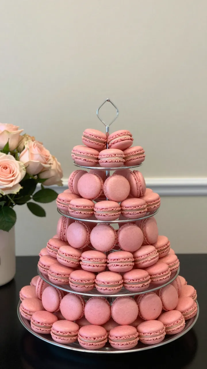 Silver tiered stand of pink macarons sits next to blush roses against an empty neutral wall