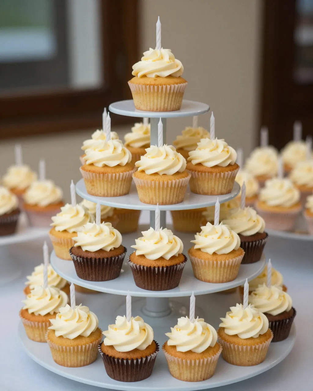 A white tiered stand holds swirled buttercream birthday cupcakes with plain candles on a party table