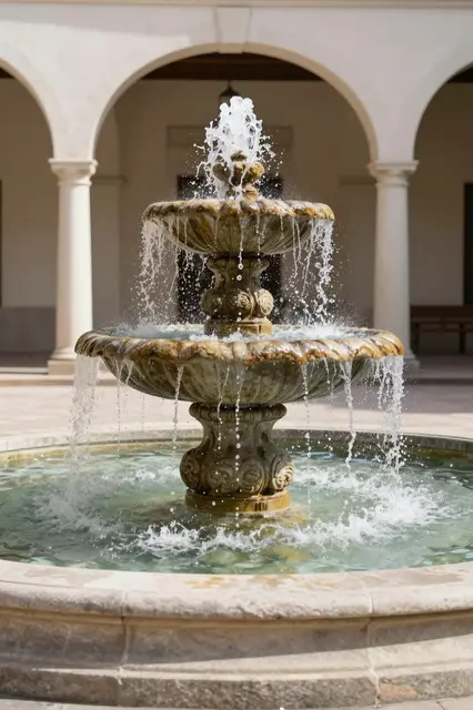 A splashing tiered stone fountain sits in a sunlit arcade-lined plaza at midday