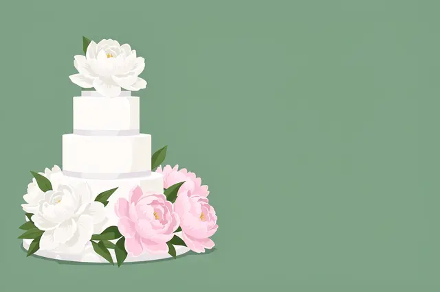 Three tiered white wedding cake decorated with peonies sits on the left of a solid sage green background with empty copy