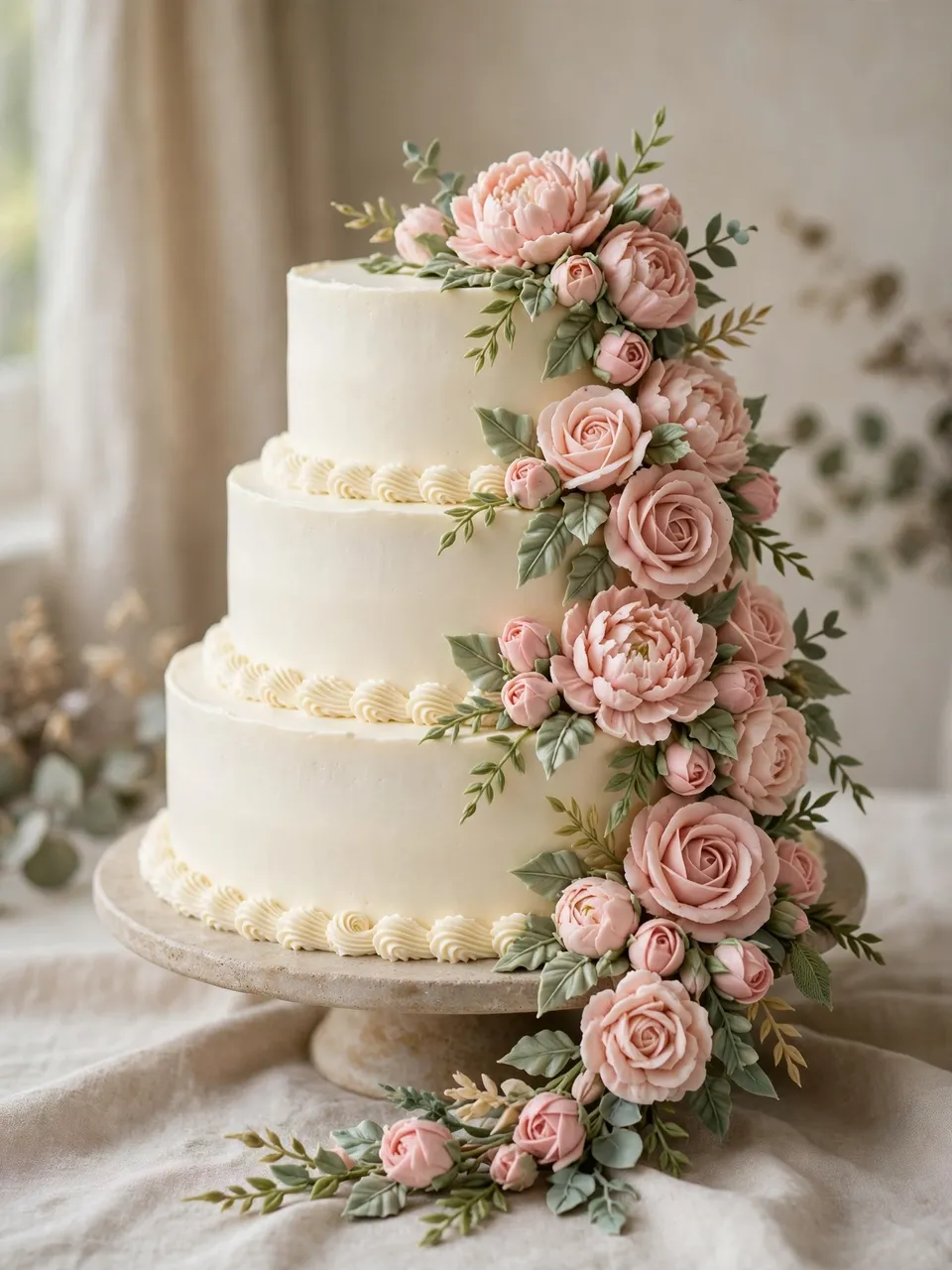 Three-tiered white wedding cake decorated with cascading blush peonies, roses and sage leaves on a stone stand.