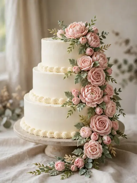 Three-tiered white wedding cake decorated with cascading blush peonies, roses and sage leaves on a stone stand.
