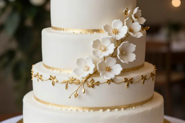 Close-up of a four-tiered white wedding cake decorated with gold trim and white sugar flowers against a soft blurred event