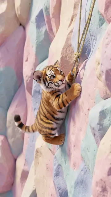 A fluffy little tiger cub climbs a pastel colored rock wall holding a climbing safety rope
