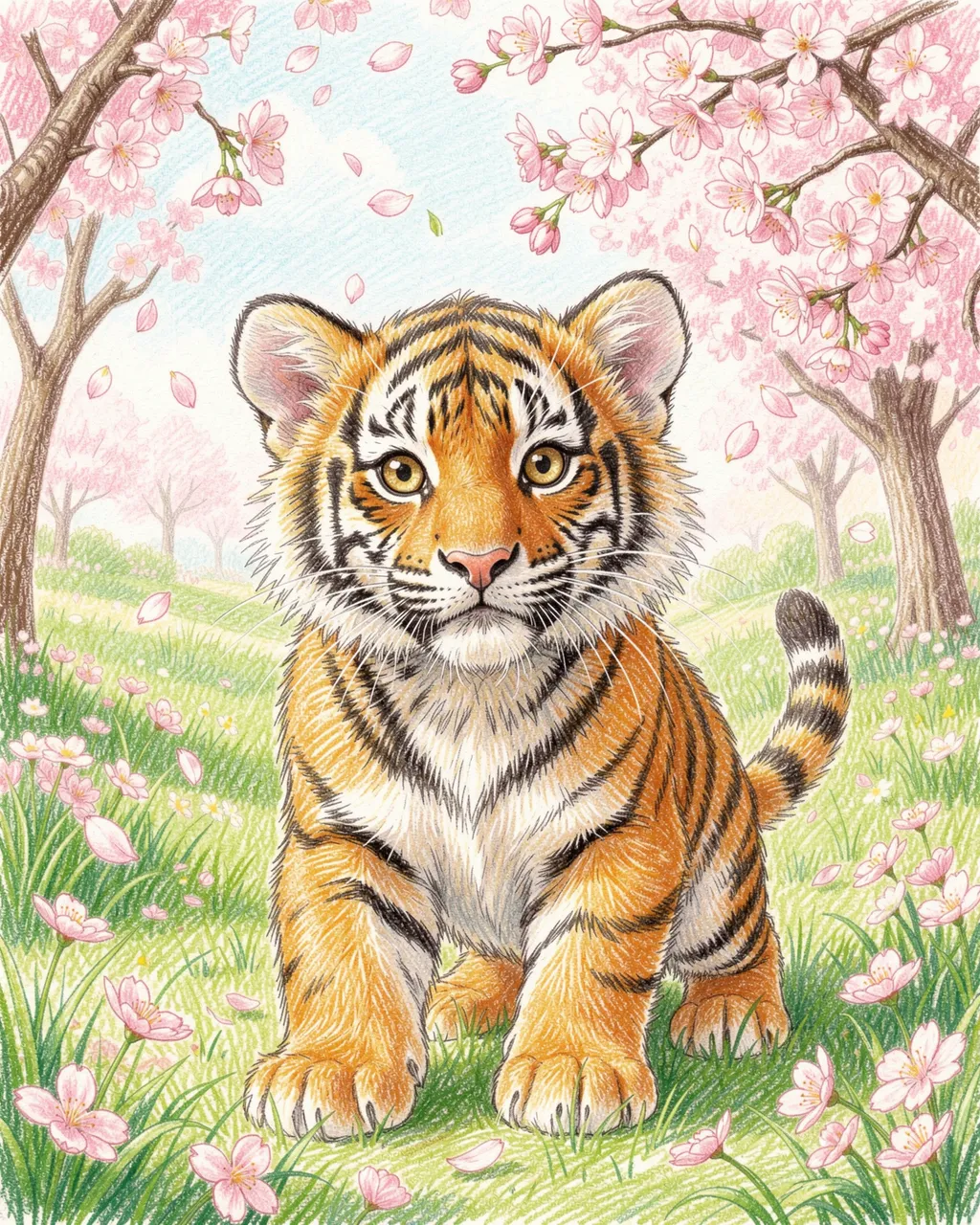 Colored pencil drawing of a cute tiger cub standing under falling cherry blossom petals in a spring meadow garden