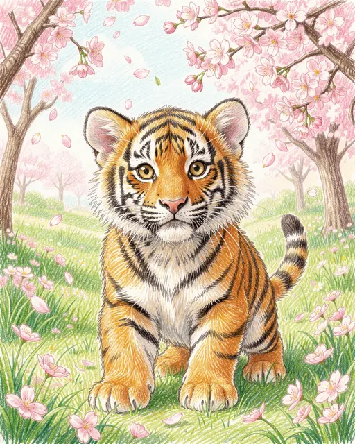 Colored pencil drawing of a cute tiger cub standing under falling cherry blossom petals in a spring meadow garden