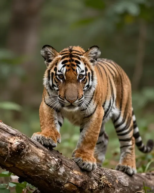 Young tiger cub stands with large paws placed on a weathered fallen log in a sun dappled forest