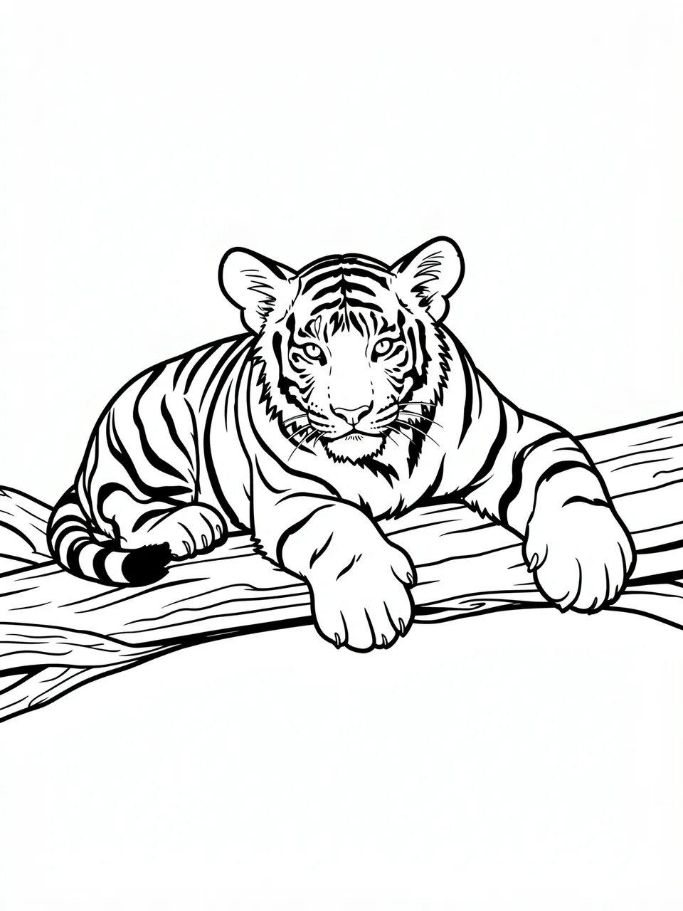 Bold black line art of a tiger cub resting on a wooden log against a plain white background